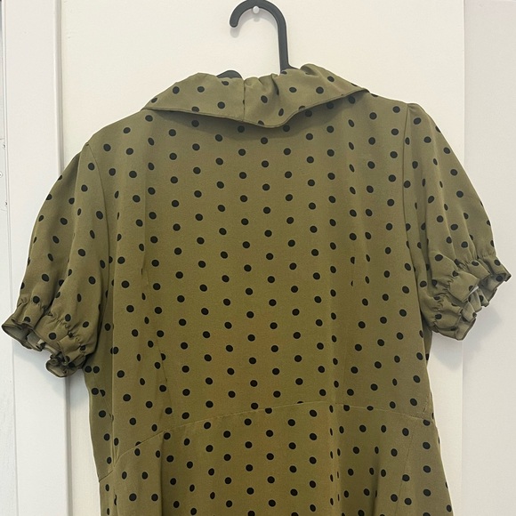 Retro Olive green ruffle wrap mini dress polka dot print - Picture 4 of 5